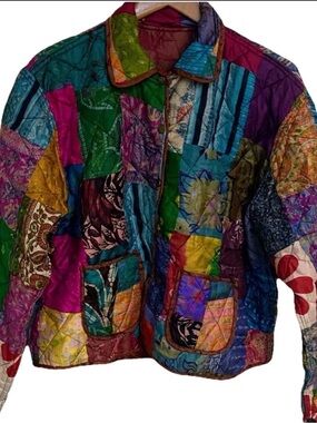 Vintage Silk Reversible Patchwork Boho Jacket Coat Quilted Festival Artsy Small